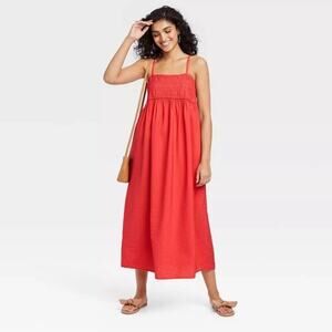 A New Day Red Smocked Midi Sundress Women Small Spaghetti Strap Summer Dress NWT